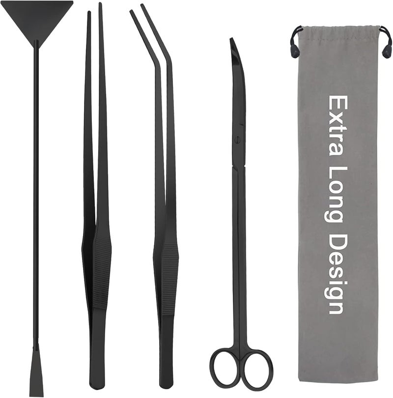 Liveek Aquarium Aquascape Tools Kit 15in, 4 in 1 Anti-Rust Aquatic Plant Aquascaping Tool Stainless Steel Tweezer Scissor Spatula for Aquarium Tank Clean Fish Tank Aquascape Accessories Set (black) - Image 1